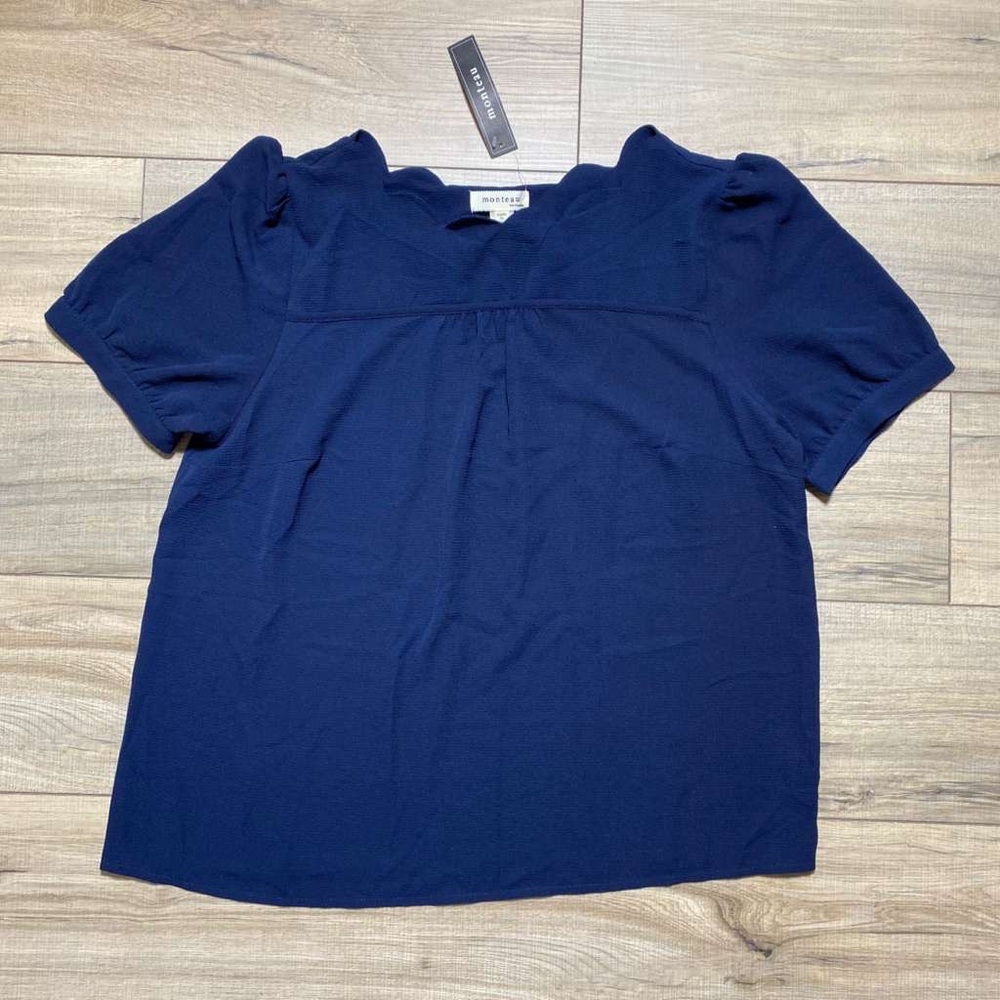 Monteau Womens Scalloped Neckline Short Sleeve Top Size XL Navy Blue
